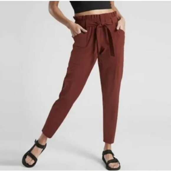 Athleta Women Skyline Pant Rust  Paperbag Tapered Tie Waist Size 0 Travel - Picture 1 of 7